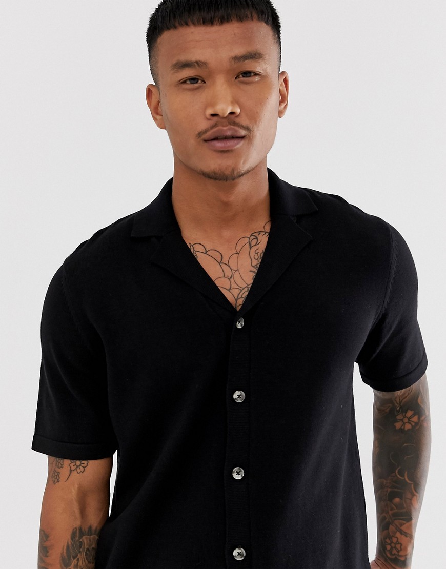ASOS DESIGN knitted revere polo shirt in black