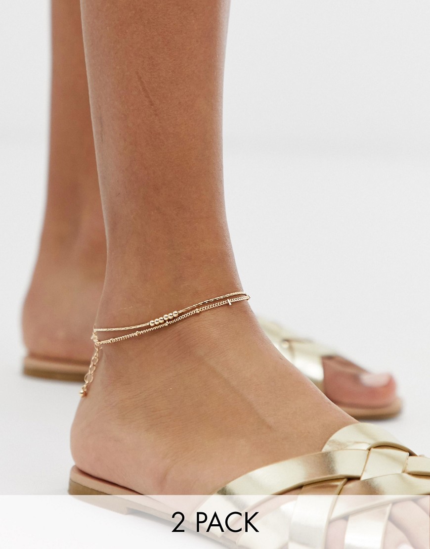Asos Design Pack Of 2 Fine Ball Charm Anklets In Gold Tone