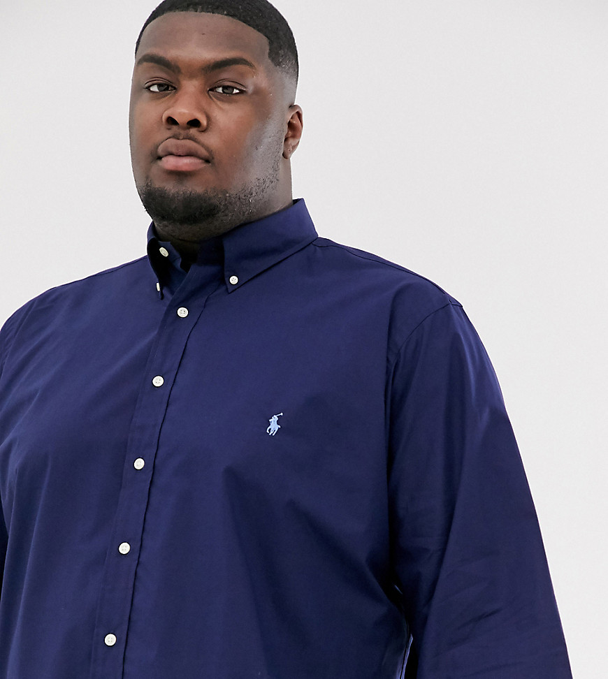 Polo Ralph Lauren Big & Tall icon logo button down stretch poplin shirt in newport navy