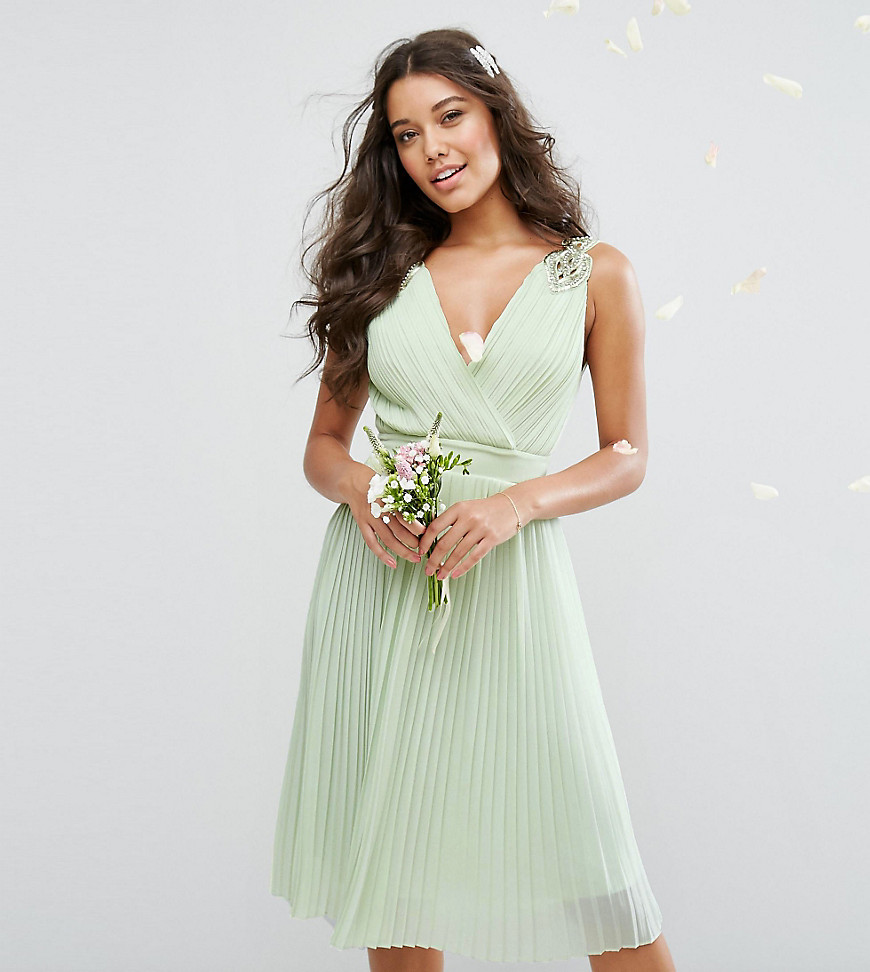TFNC WEDDING Pleated Midi Dress with Embellished Shoulder - Green