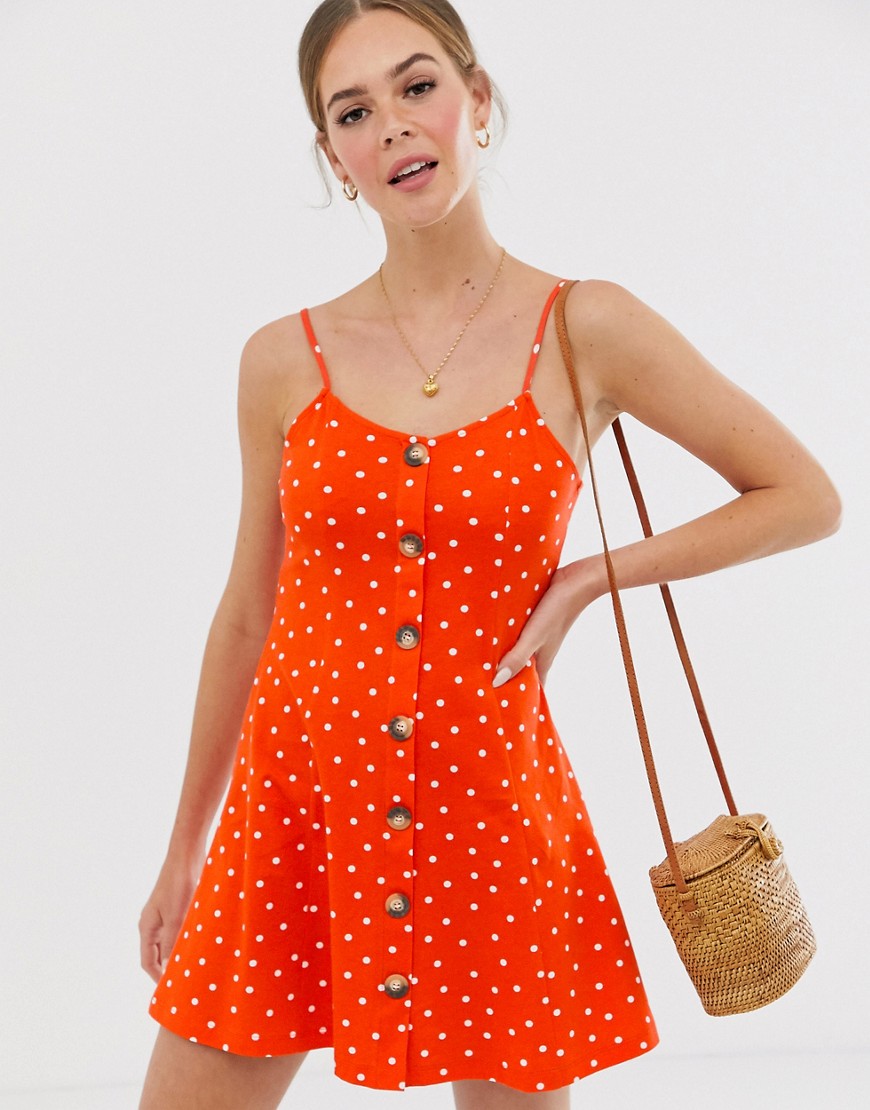 Asos Design Button Through Cami Mini Sundress In Orange With White Spot-multi