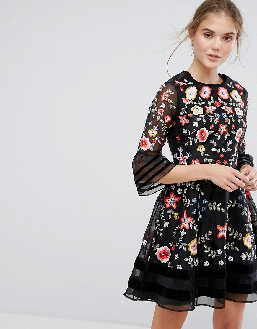 Frock and Frill Premium Embroidered Mini Dress with Exaggerated Sleeve