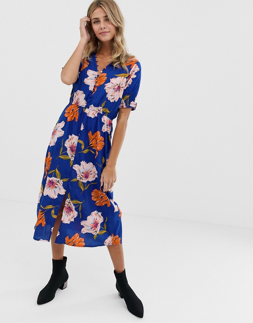 Influence floral midi dress with shirred sleeves