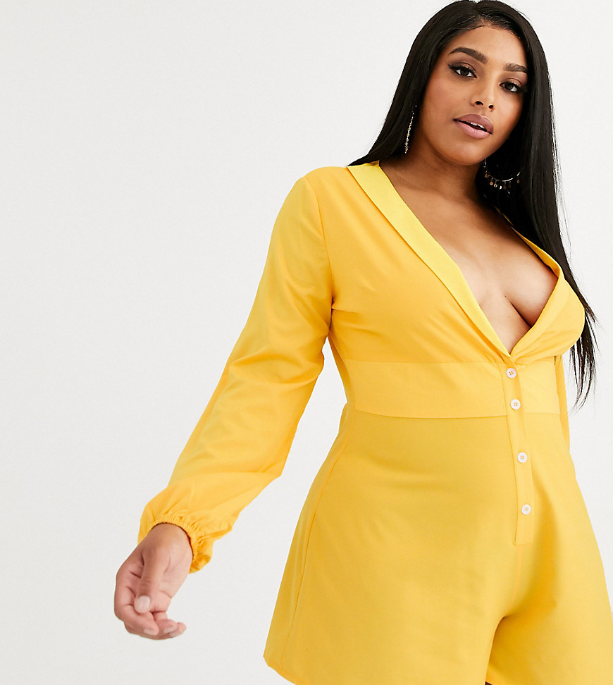 Lasula Plus plunge front flippy playsuit in yellow