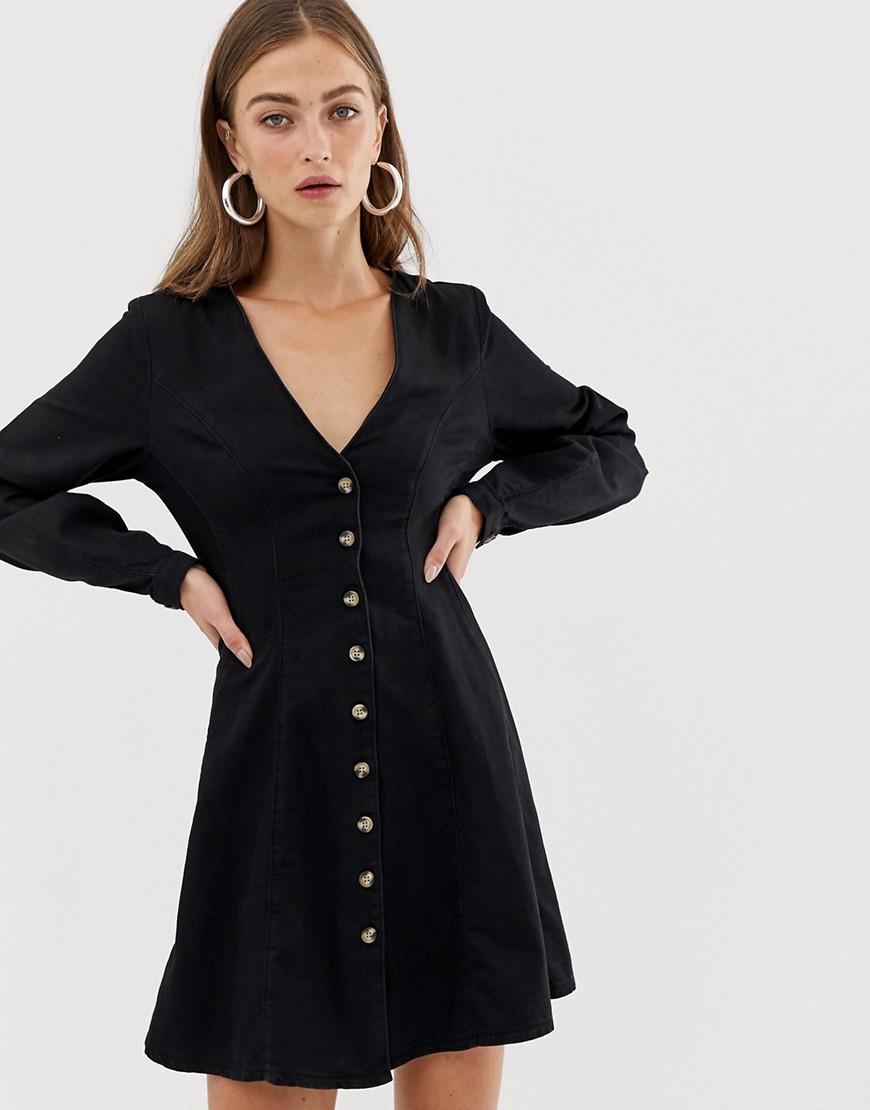 Asos Design Denim Long Sleeve Button Through Tea Dress In Washed Black Blue Modesens 