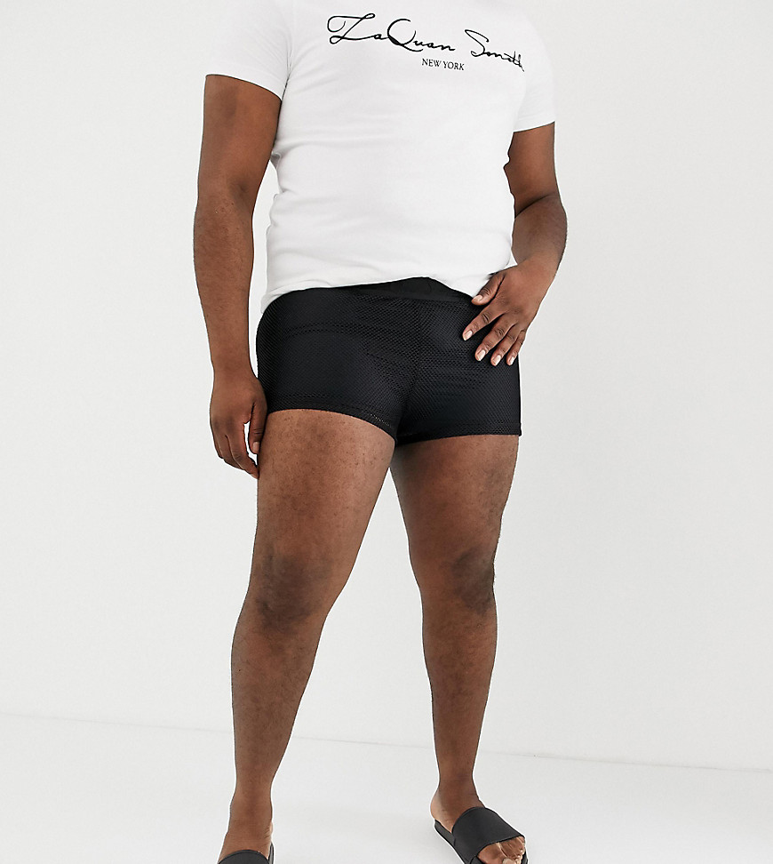 ASOS DESIGN x LaQuan Smith Plus swimming trunks with mesh overlay