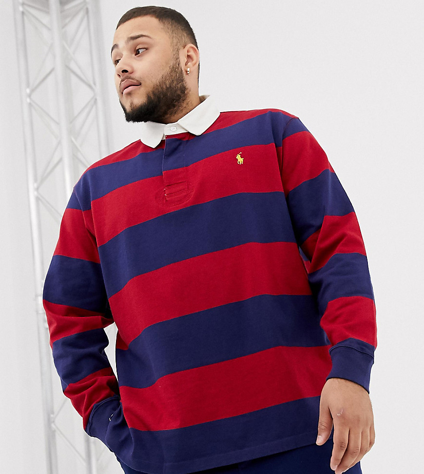 Polo Ralph Lauren Big & Tall long sleeve stripe rugby polo player logo in burgundy/navy - Eaton red/navy