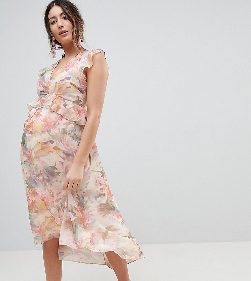 Hope & Ivy Maternity All Over Floral Printed Dress With Ruffle Trims - Multi