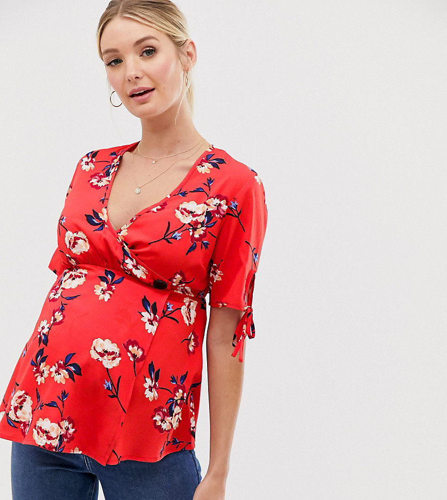 Influence Maternity wrap front top with tie sleeves in floral print