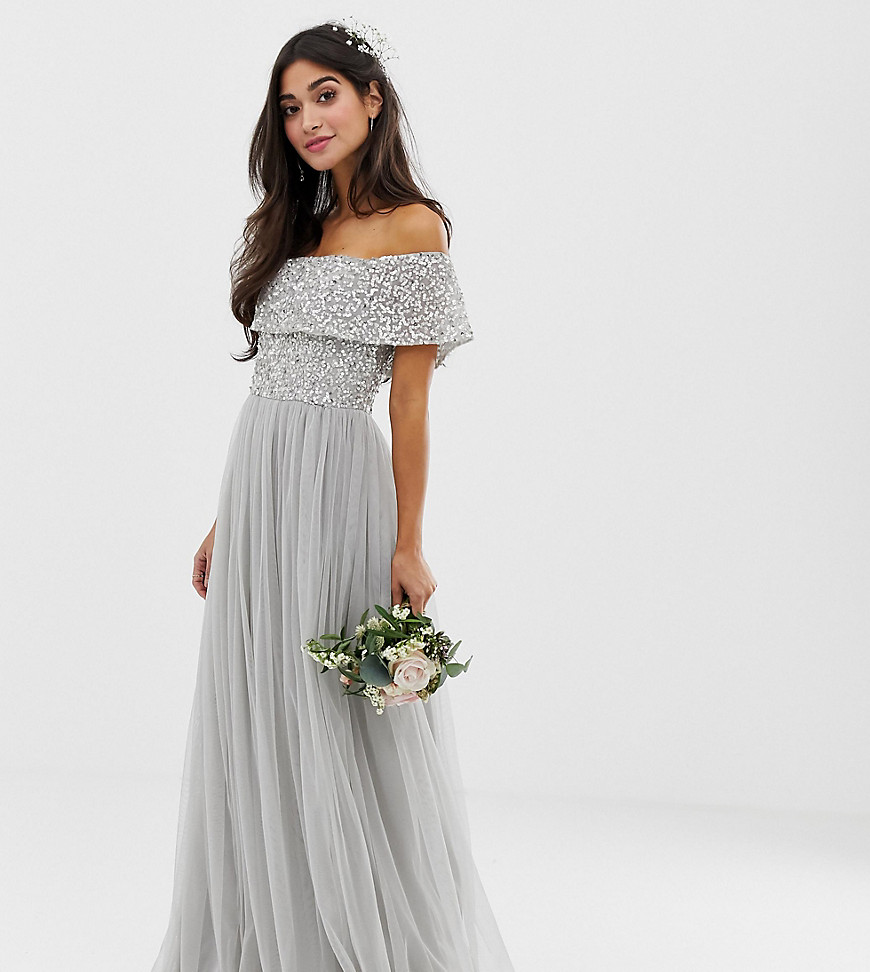 Maya Petite Bridesmaid bardot maxi tulle dress with tonal delicate sequins in silver