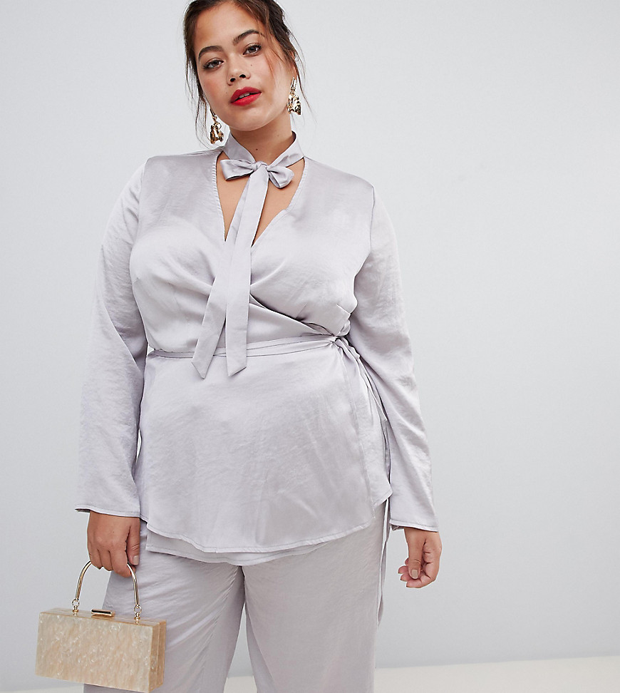 Lovedrobe satin blouse with tie neck detail co-ord in silver