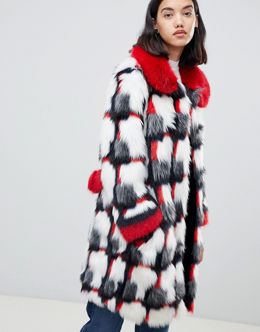 Urbancode printed patchwork faux fur coat