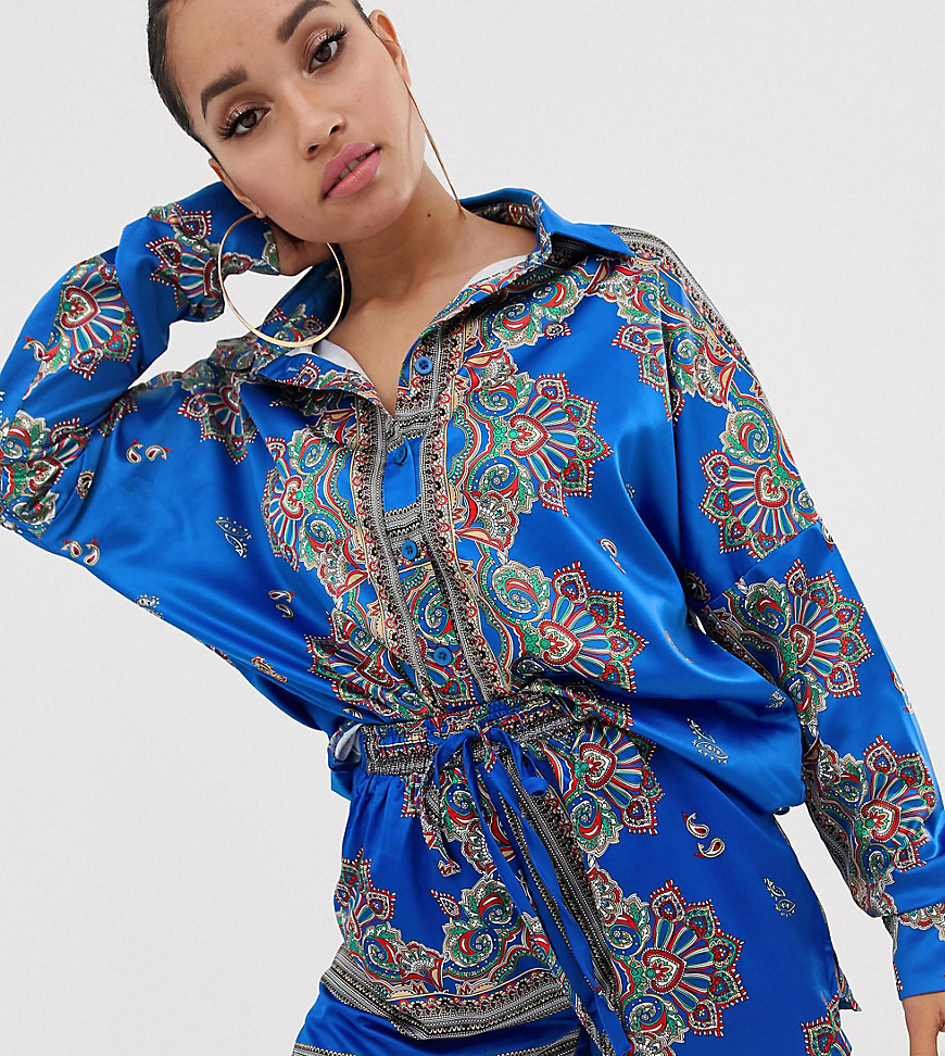 Missguided Petite co-ord satin shirt in blue scarf print