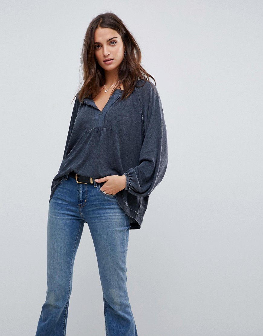 Free People Acadia Relaxed Henley Top - Black