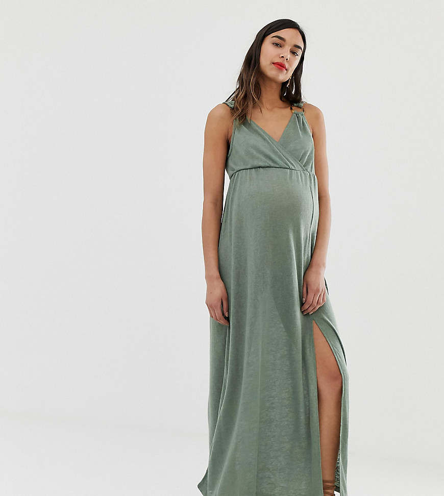 ASOS DESIGN Maternity exclusive wrap maxi dress with faux tortoiseshell ring detail