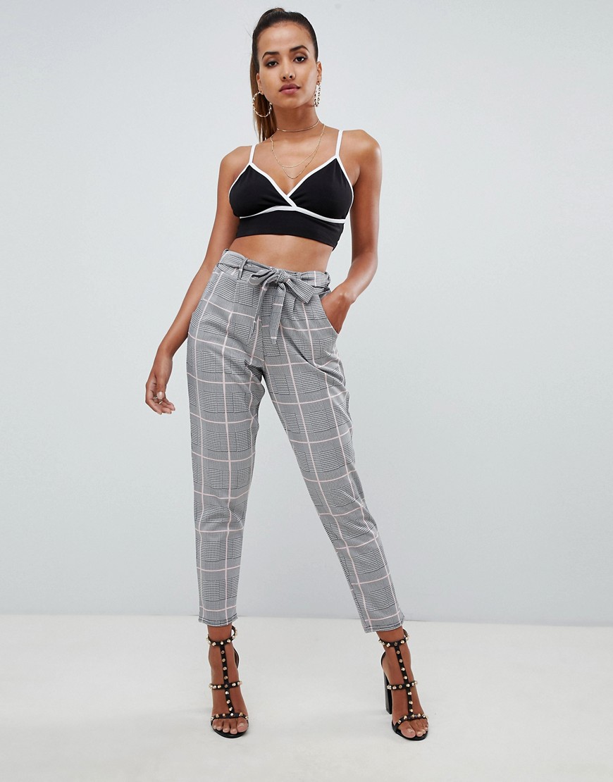PrettyLittleThing paper bag waist trousers in grey check - Grey