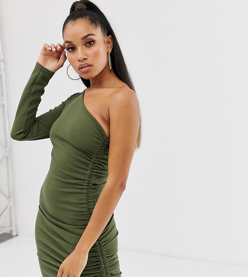 Fashionkilla Petite going out one shoulder long sleeve ruched side mini dress in khaki