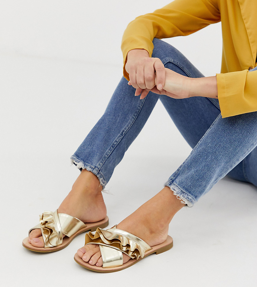 Miss Selfridge flat sandals with frill detail in gold