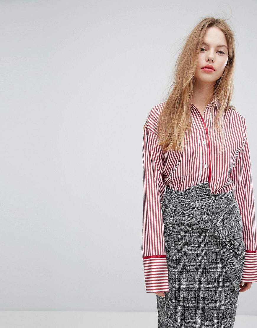 Plain Studios Oversized Shirt With Contrast Cuffs In Fine Stripe - Red