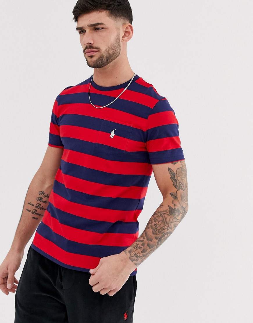 Polo Ralph Lauren player logo wide stripe pocket t-shirt in red/navy
