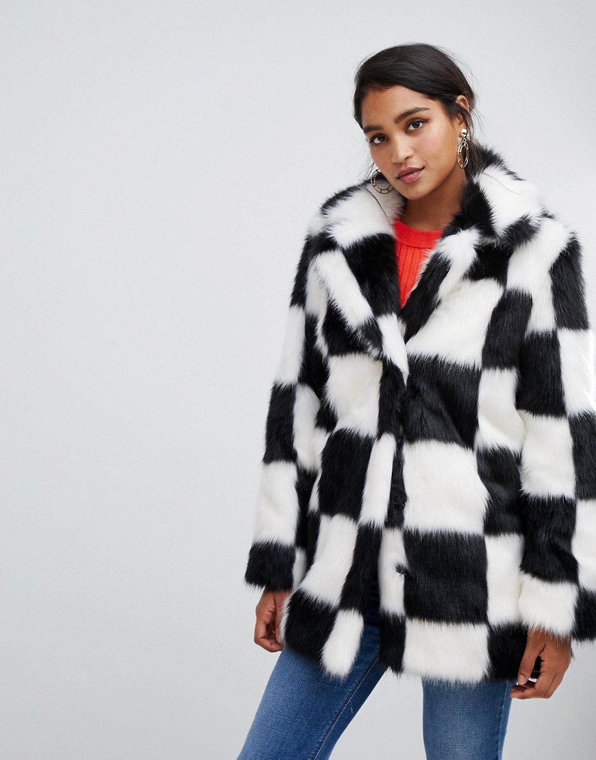 Asos Design Checkerboard Faux Fur Coat - Multi