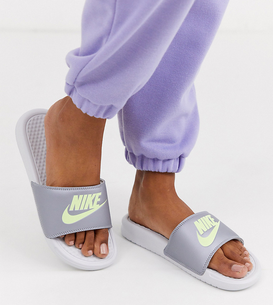 Nike Benassi sliders in silver and green