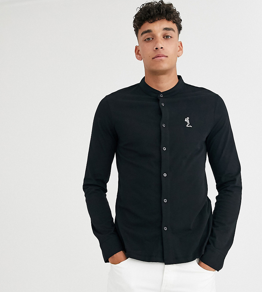 Religion tall slim fit jersey shirt with grandad collar in black