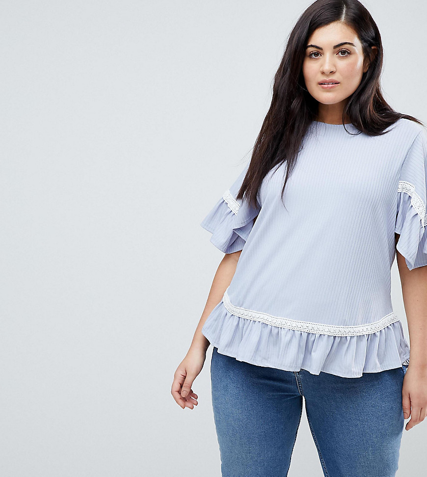 Lost Ink Plus Smock Top In Rib With Lace Trim - Blue
