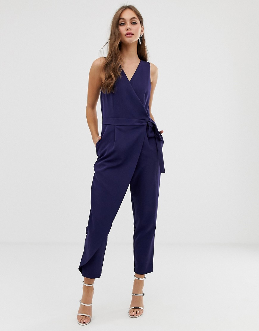 Paper Dolls wrapover jumpsuit with tie waist in navy