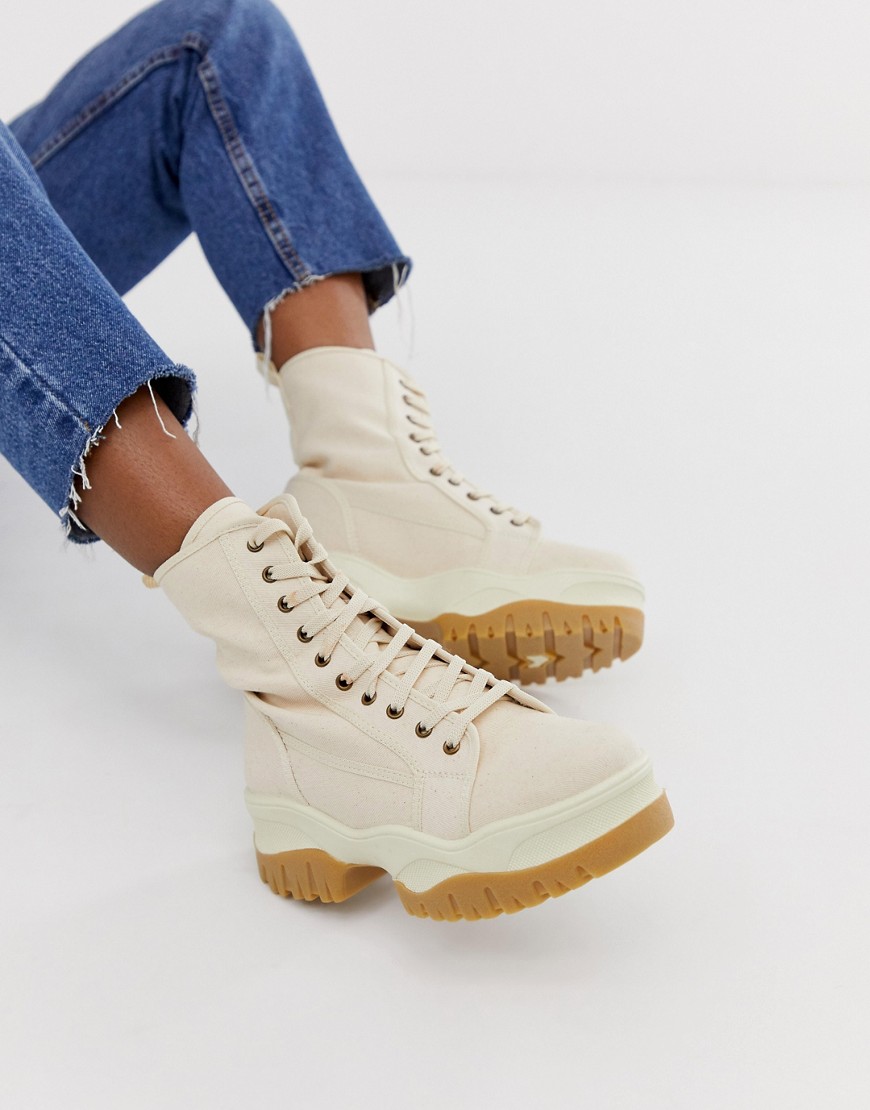 ASOS DESIGN Amber chunky lace up boots in natural canvas