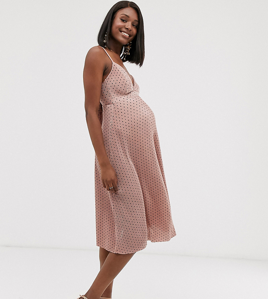 ASOS DESIGN Maternity cami plisse midi dress in spot print