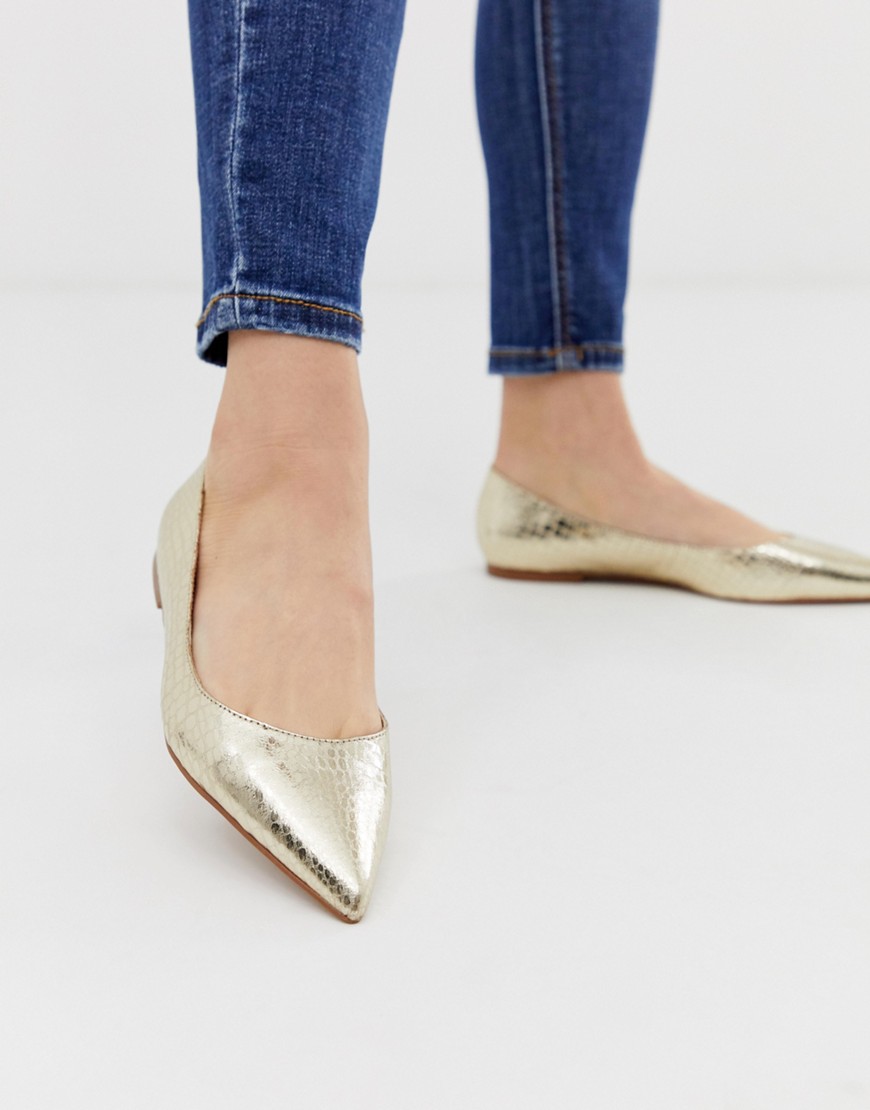 ASOS DESIGN Latch pointed ballet flats in gold snake