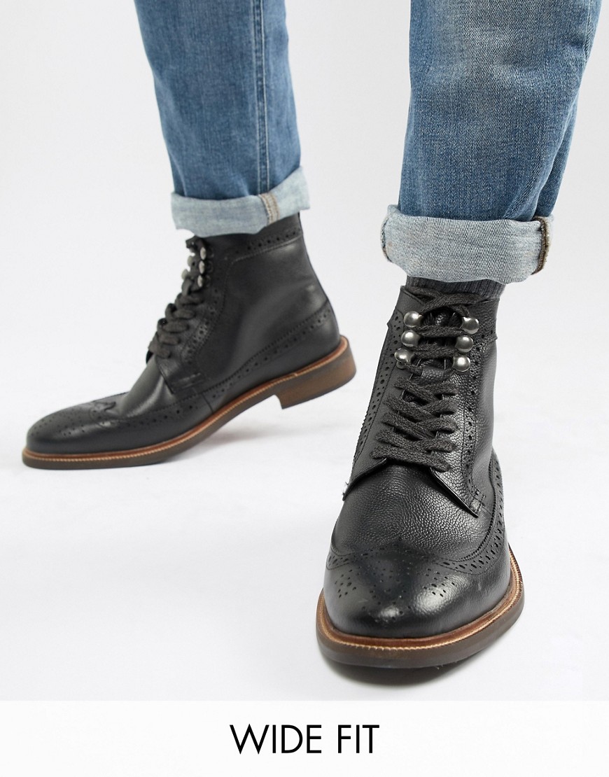Dune Wide Fit Brogue Boots In Black Leather