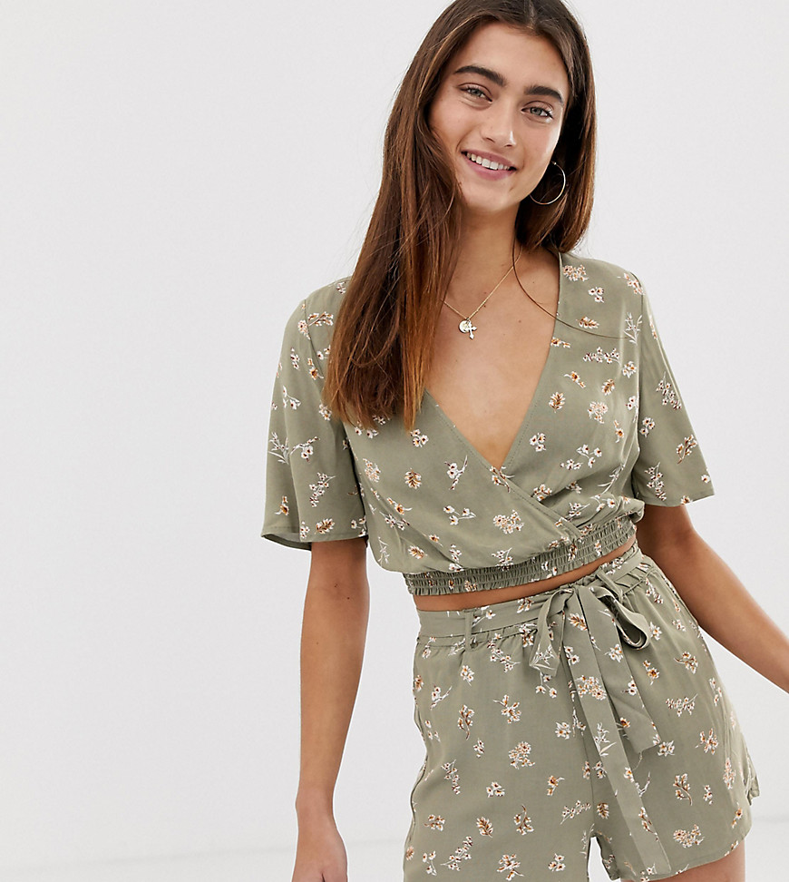Pull&Bear pacific wrap top co ord in green floral print