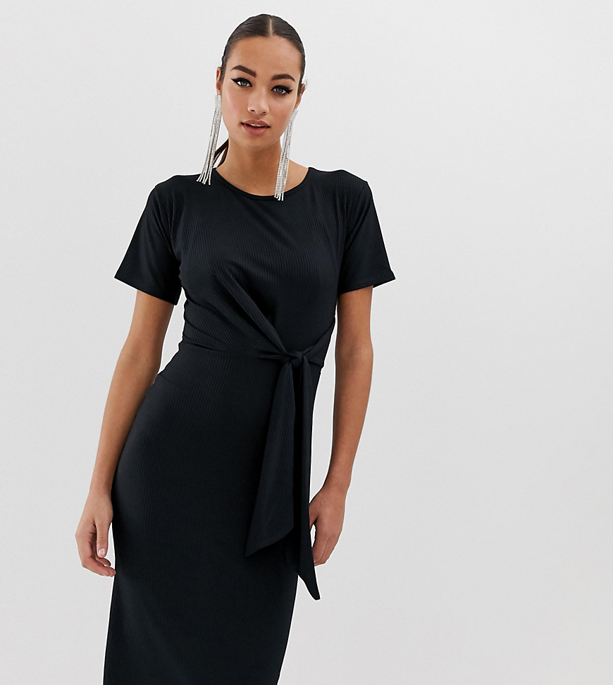 Missguided ribbed midi dress with tie front in black