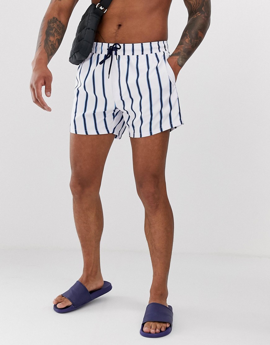 ASOS DESIGN swim shorts with white and navy stripe short length