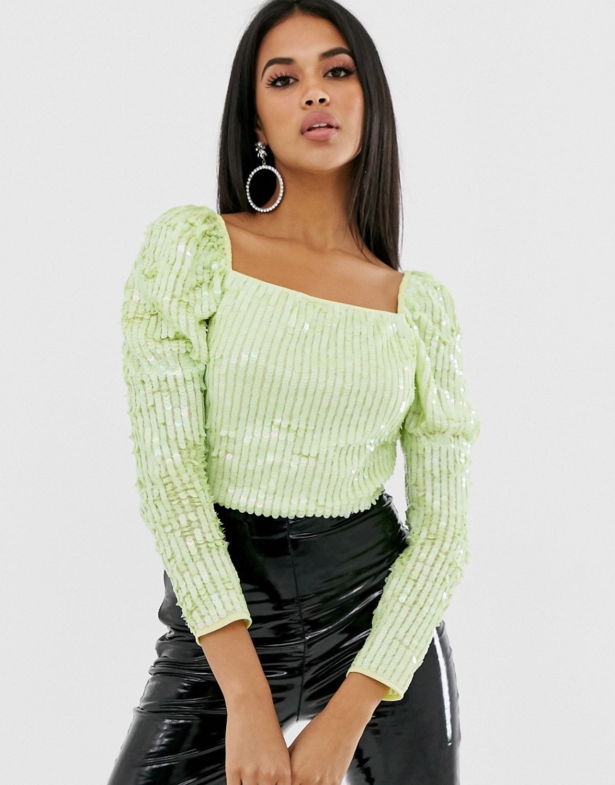 ASOS DESIGN sequin embellished square neck top with puff sleeve