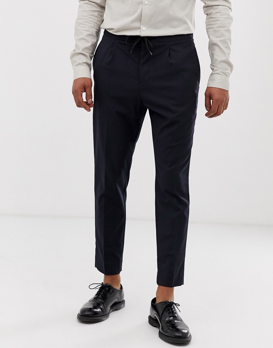 Moss London cropped slim trousers with drawstring waist in navy