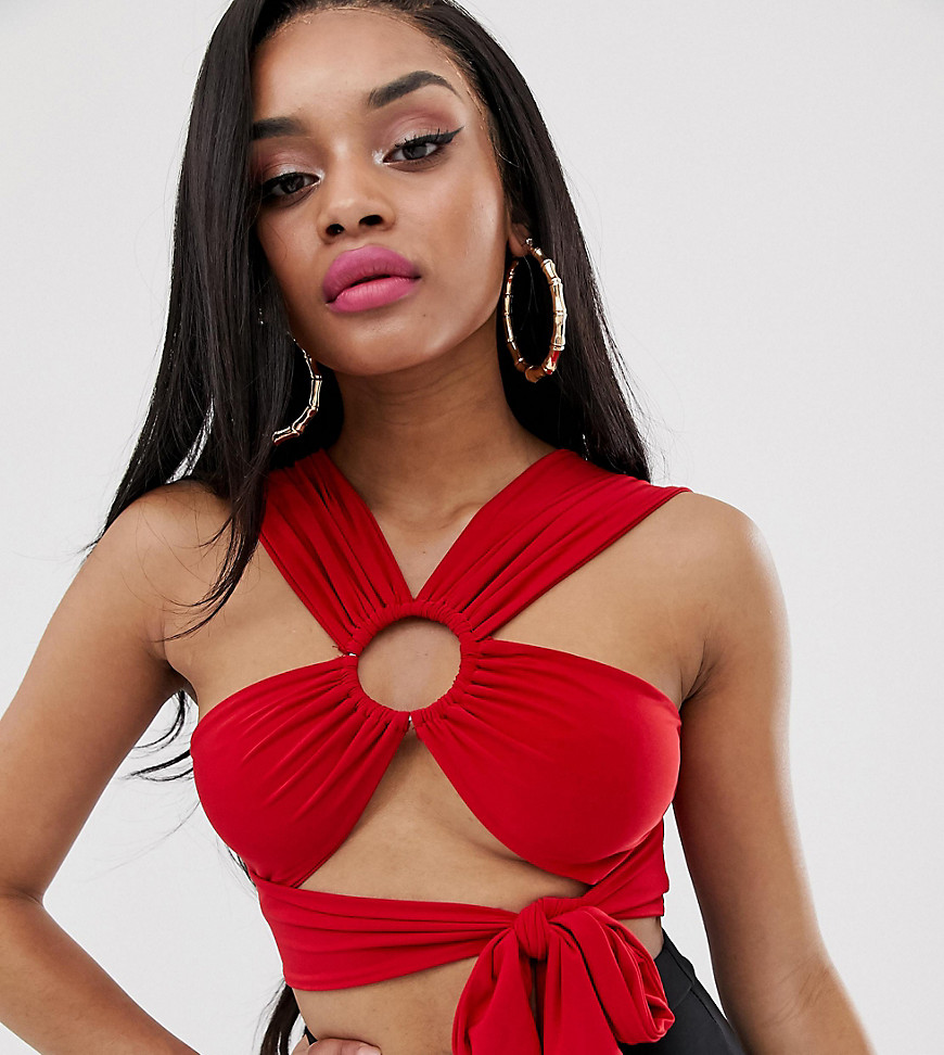 PrettyLittleThing Petite slinky wrap crop top with ring detail in red
