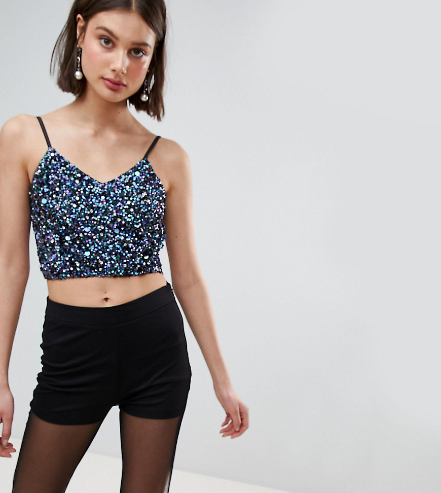 Lace & Beads Iridescent Embellished Cami Cropped Top - Black