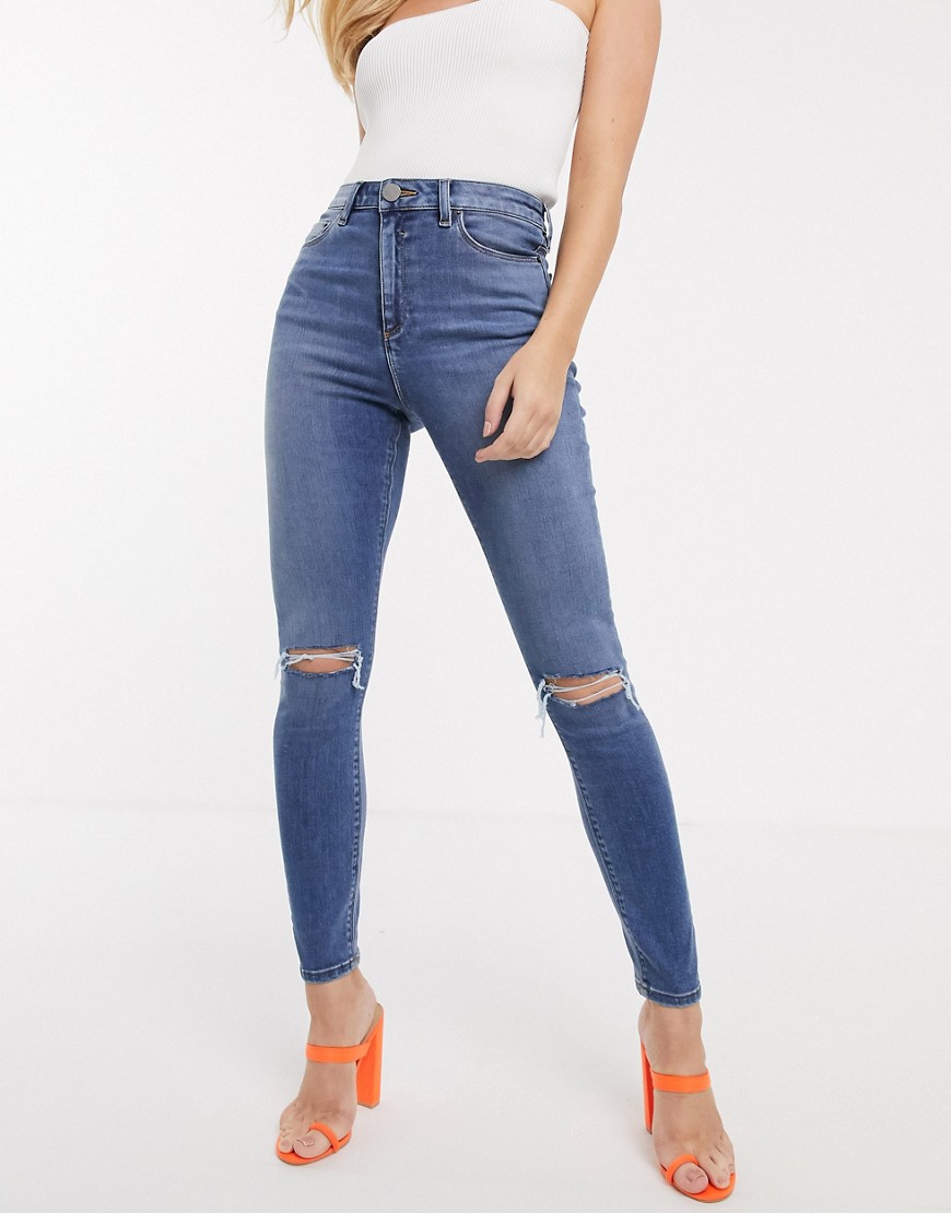 Asos Design Ridley High Rise Skinny Jeans In Mid Vintage Wash With Ripped Knee Detail-blues