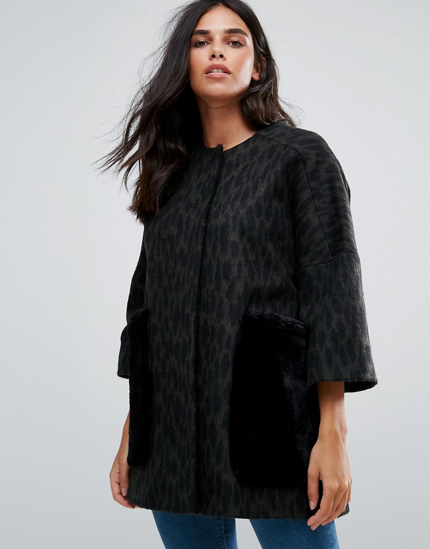 Helene Berman Wool Blend Kimono Coat with Faux Fur Pockets - Khaki/ black