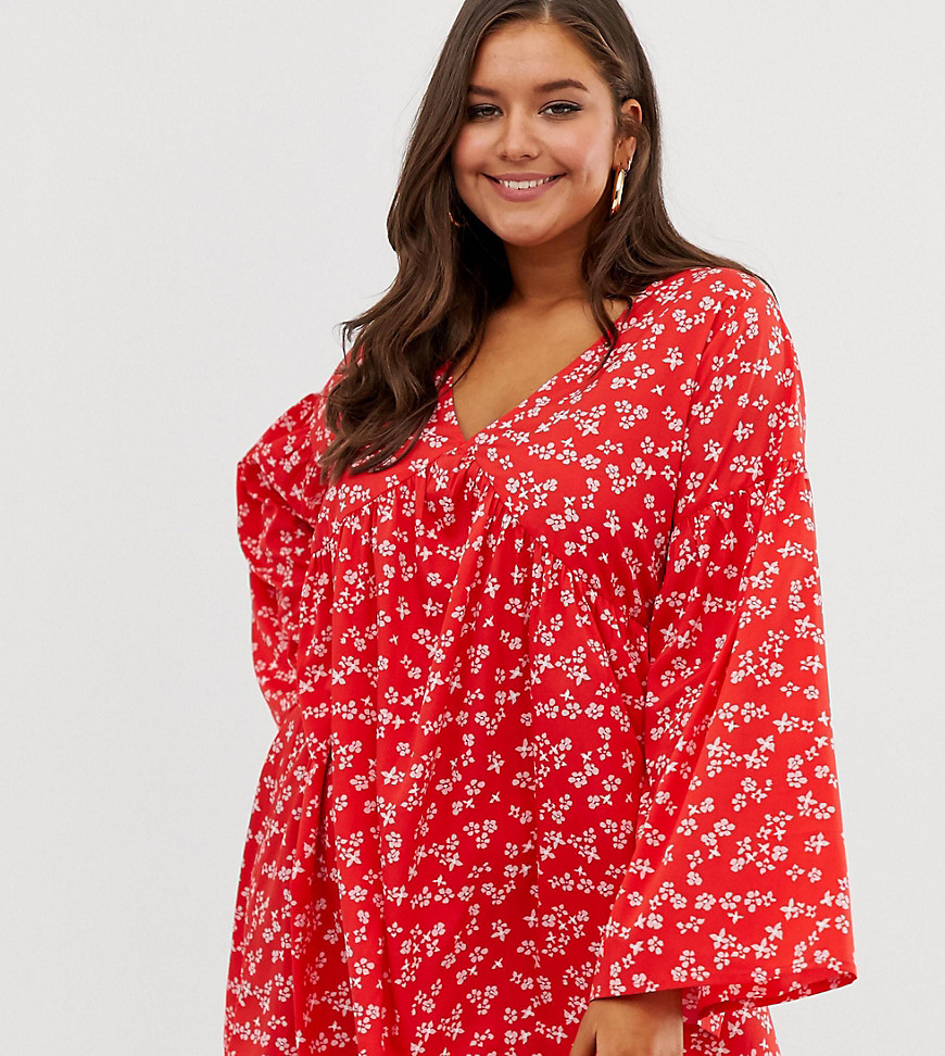 PrettyLittleThing Plus smock dress in red ditsy print