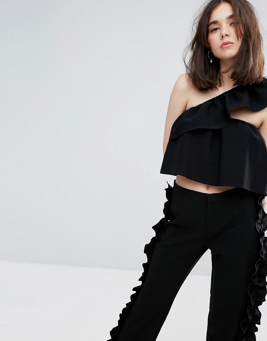Plain Studios One Shoulder Crop Top With Ruffle Co-Ord - Black