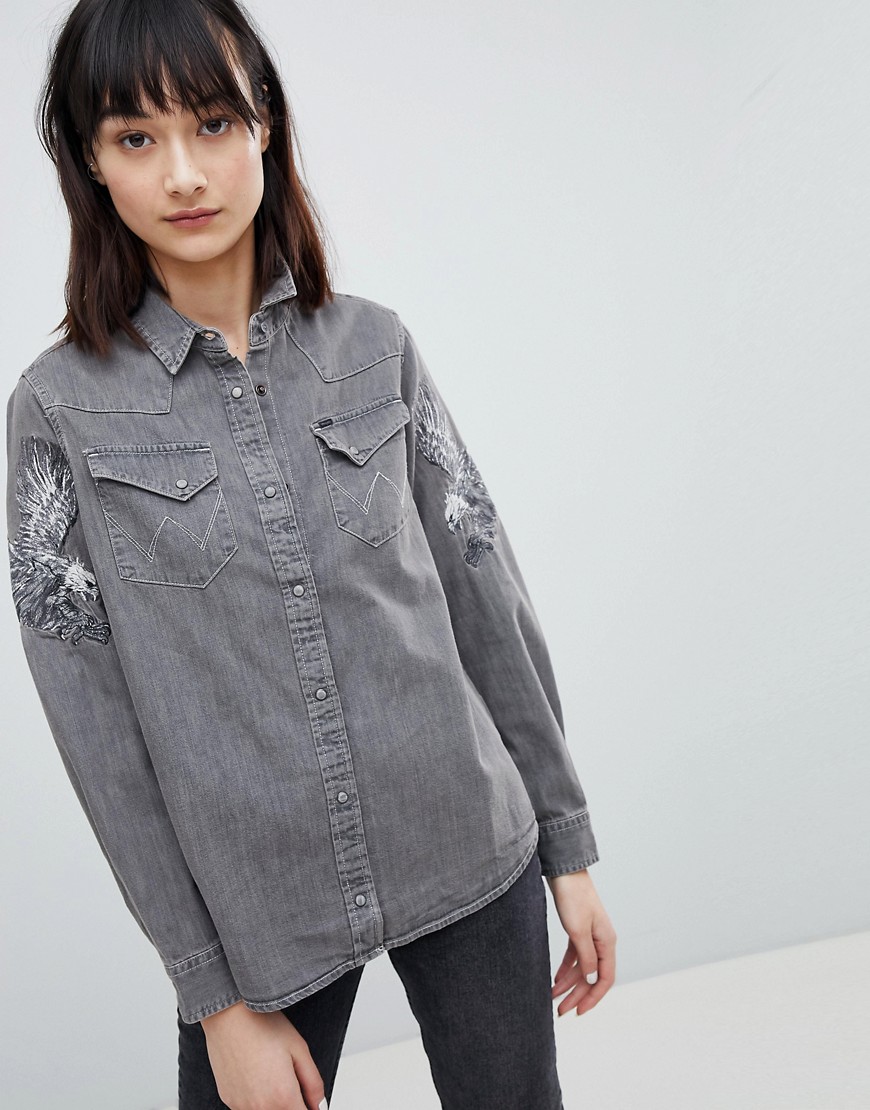 Wrangler Denim Shirt with Eagle Embroidered Sleeves - Grey denim