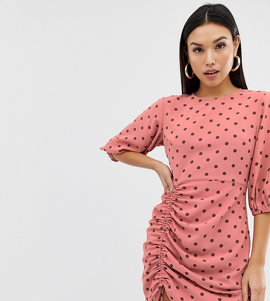 PrettyLittleThing ruched mini dress in pink polka dot