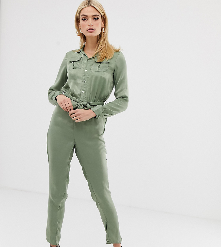 Missguided Tall utility satin belted jumpsuit in green