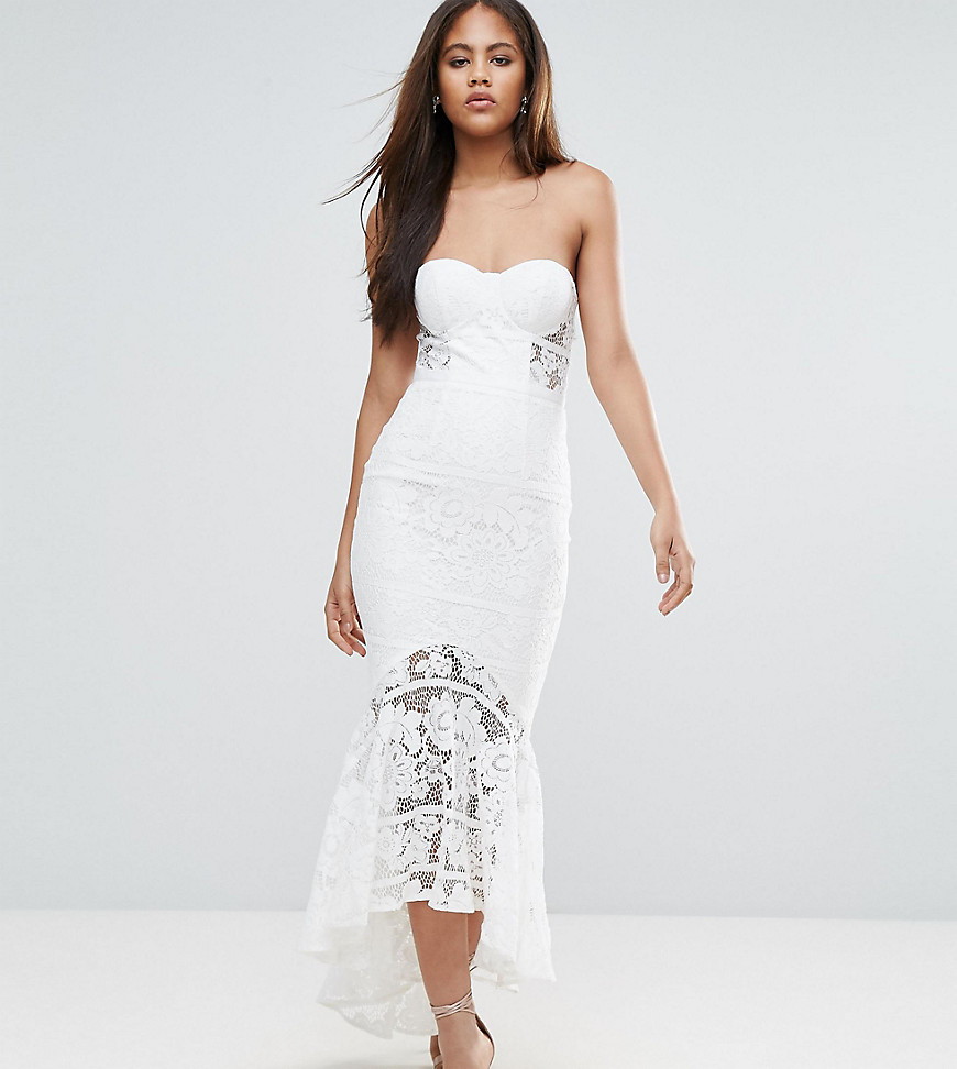 Jarlo Tall Allover Lace Bandeau Midi Dress With Highlow Fishtail - White
