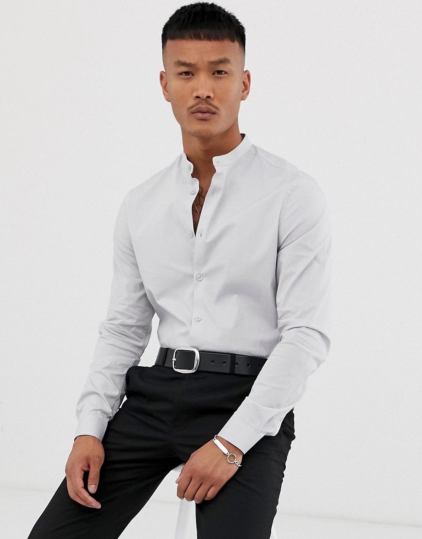 ASOS DESIGN stretch slim fit shirt in light grey with grandad collar