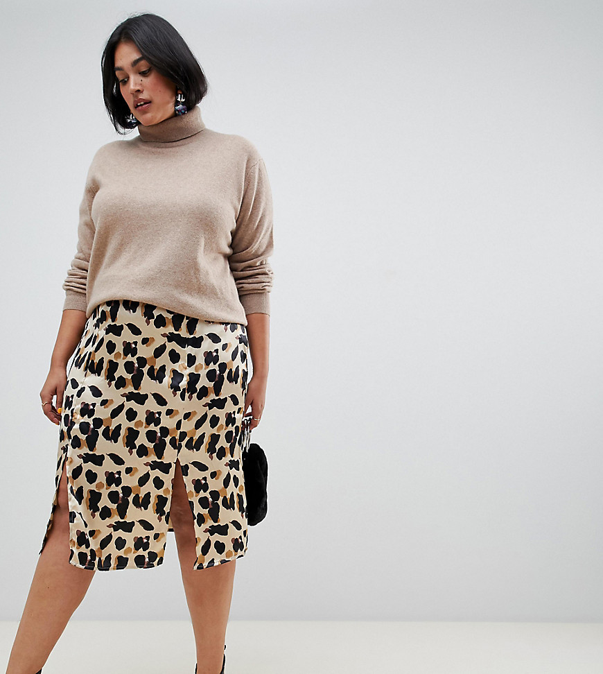 Influence Plus satin leopard print midi skirt with slits